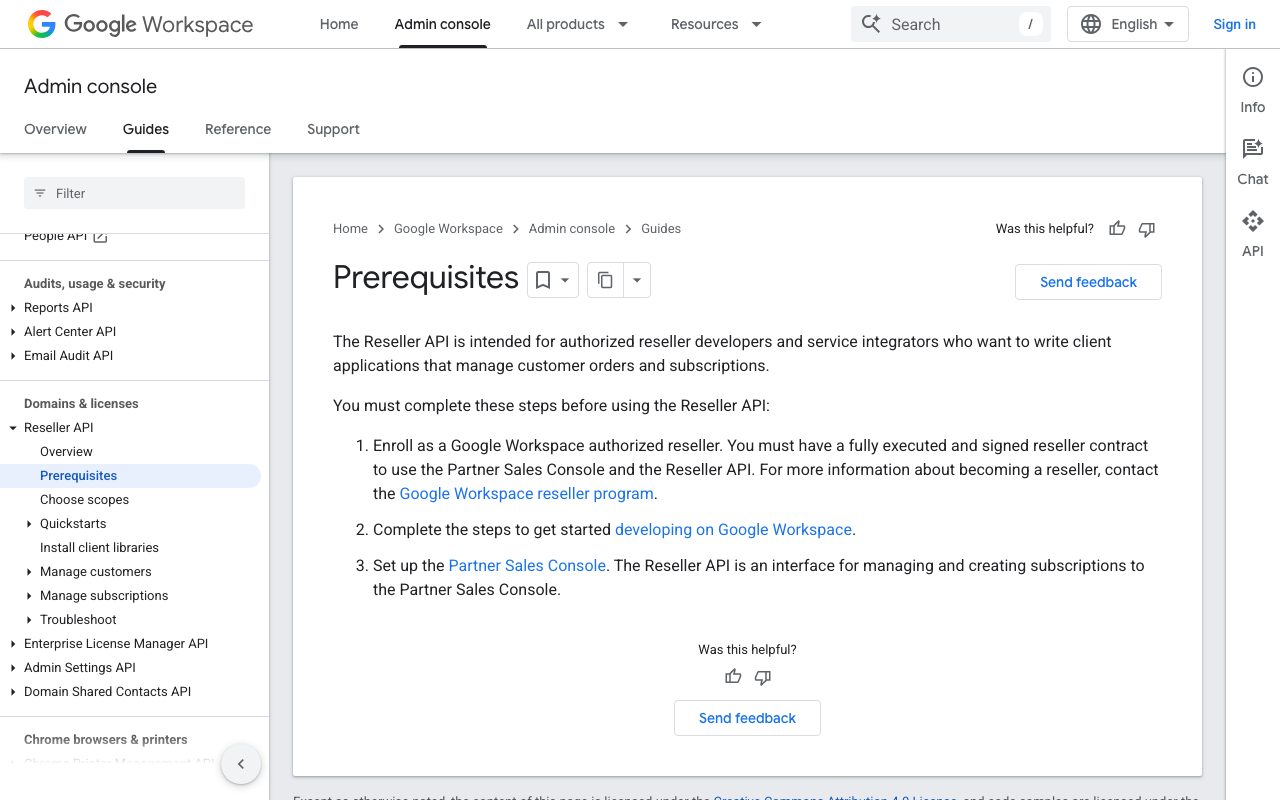 The Google Workspace Reseller API prerequisites page