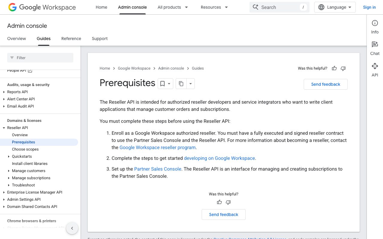 The Google Workspace Reseller API prerequisites page