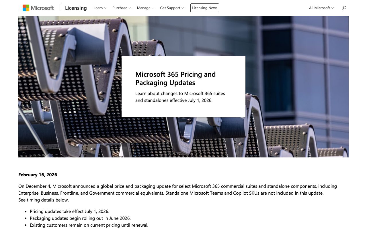 The Microsoft notice on Microsoft 365 pricing and packaging updates