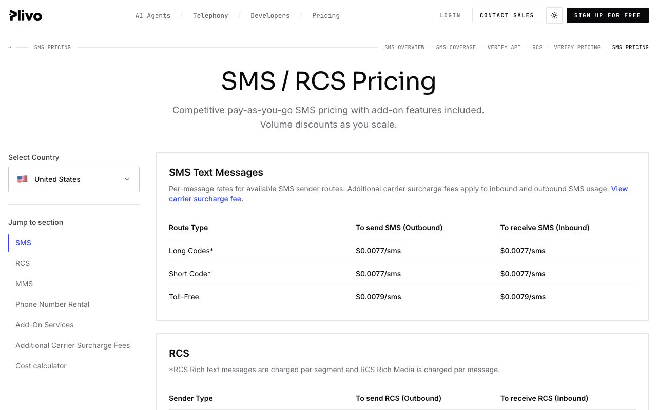 The Plivo SMS pricing page