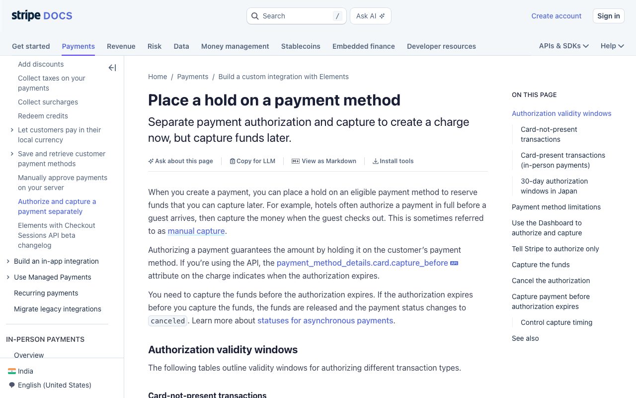 The Stripe documentation on placing a hold on a payment method