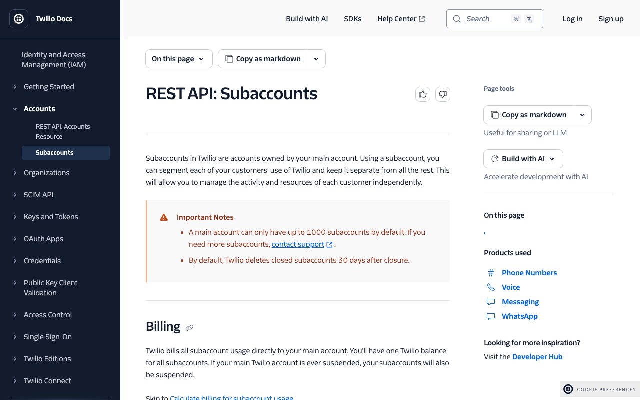 The Twilio subaccounts documentation